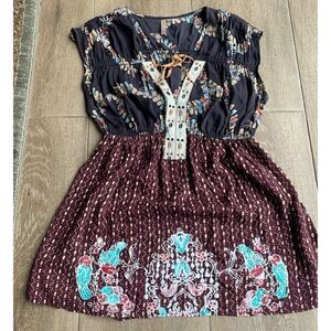 Free People WINK MY WAY BABYDOLL TUNIC TANK TOP sz S BOHO FLORAL V NECK